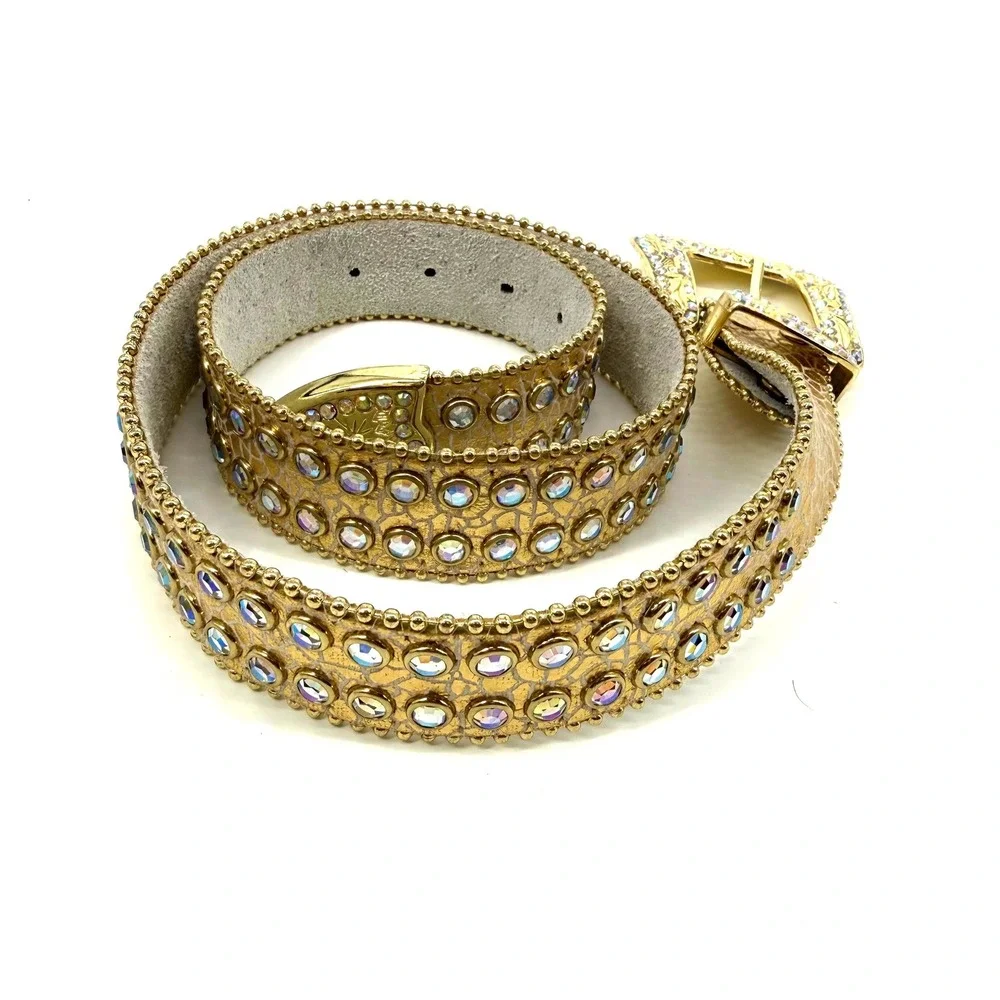 Gold Metallic Rhinestone Western Belt Small Crystal Embossed Croc Cowgirl Bling